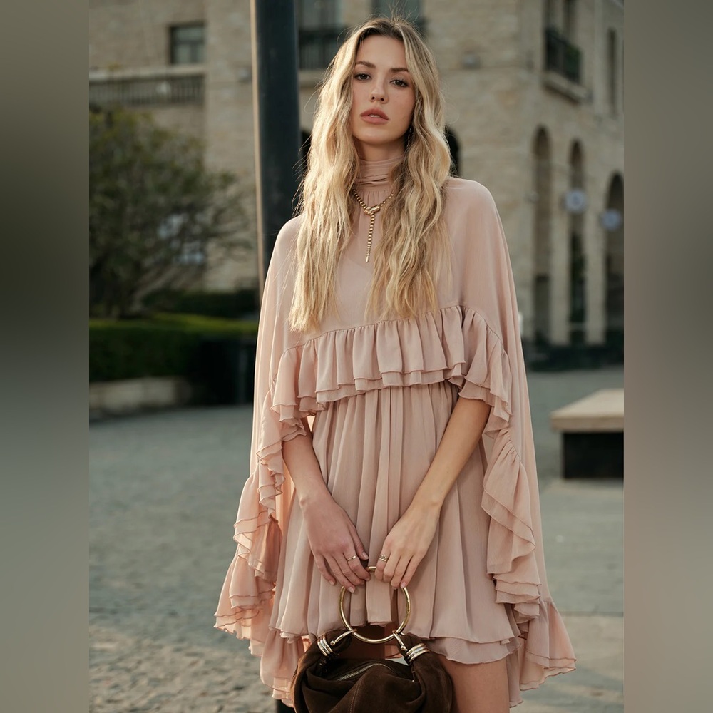 138 Semi-Sheer Chiffon Ruffle Dress With Outer Cape - Picture 2 of 5